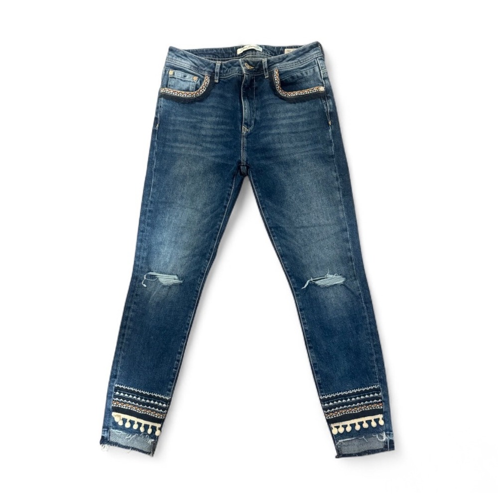 Mavi Jeans Co. Boho Embellished Skinny Jeans | Tassel Hem Distressed | Size 27